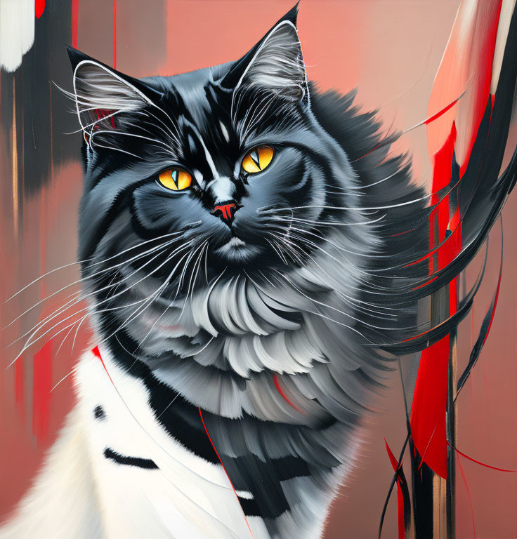 Realistic Painting of Fluffy Black and White Cat with Amber Eyes