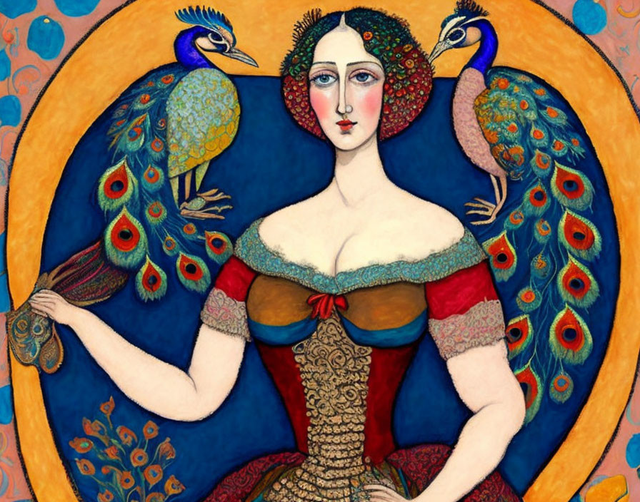 Stylized painting of woman with peacock feathers and birds on blue background