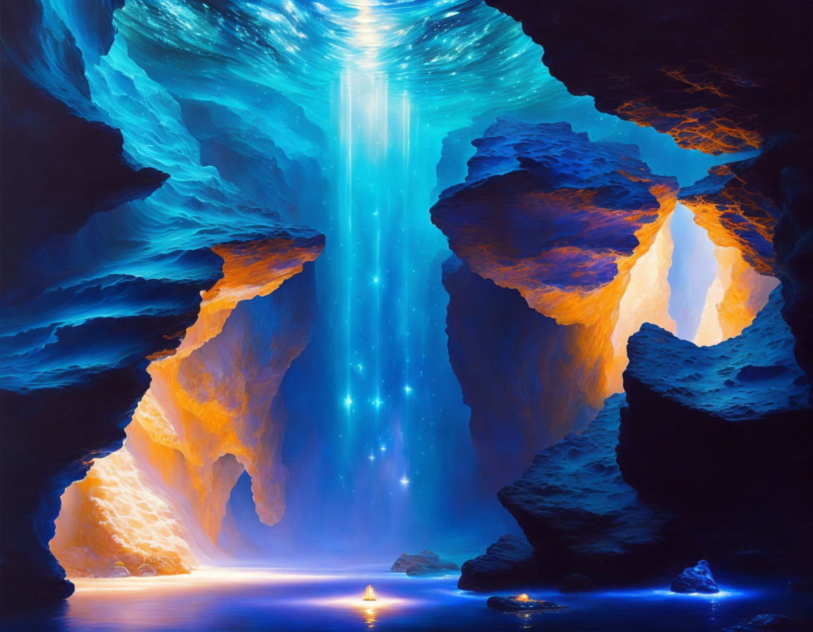 Tranquil subterranean scene with luminous blue waterfall in vibrant cave.