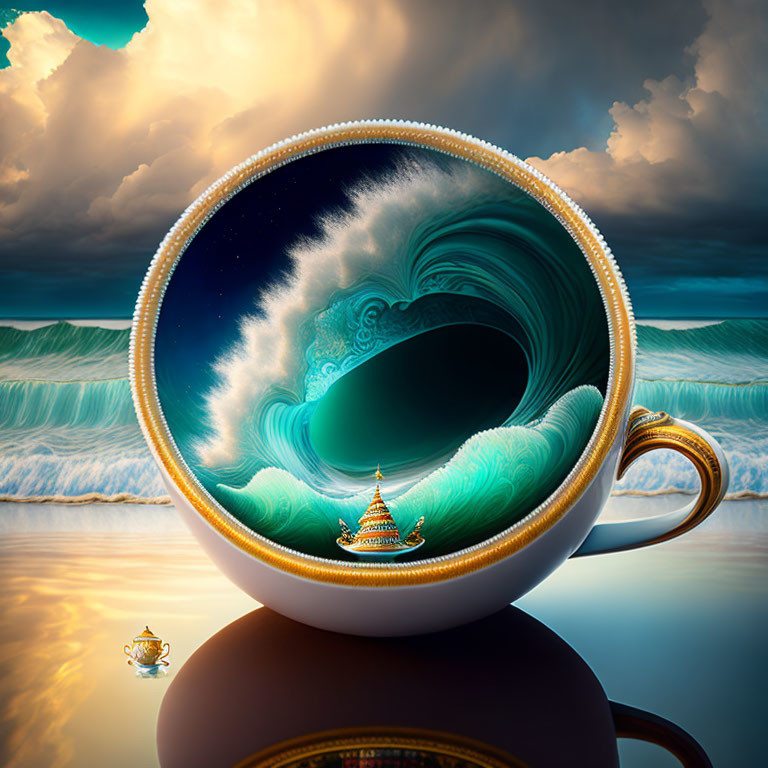 Surreal image: oversized coffee cup with wave, temple, cloudy sky