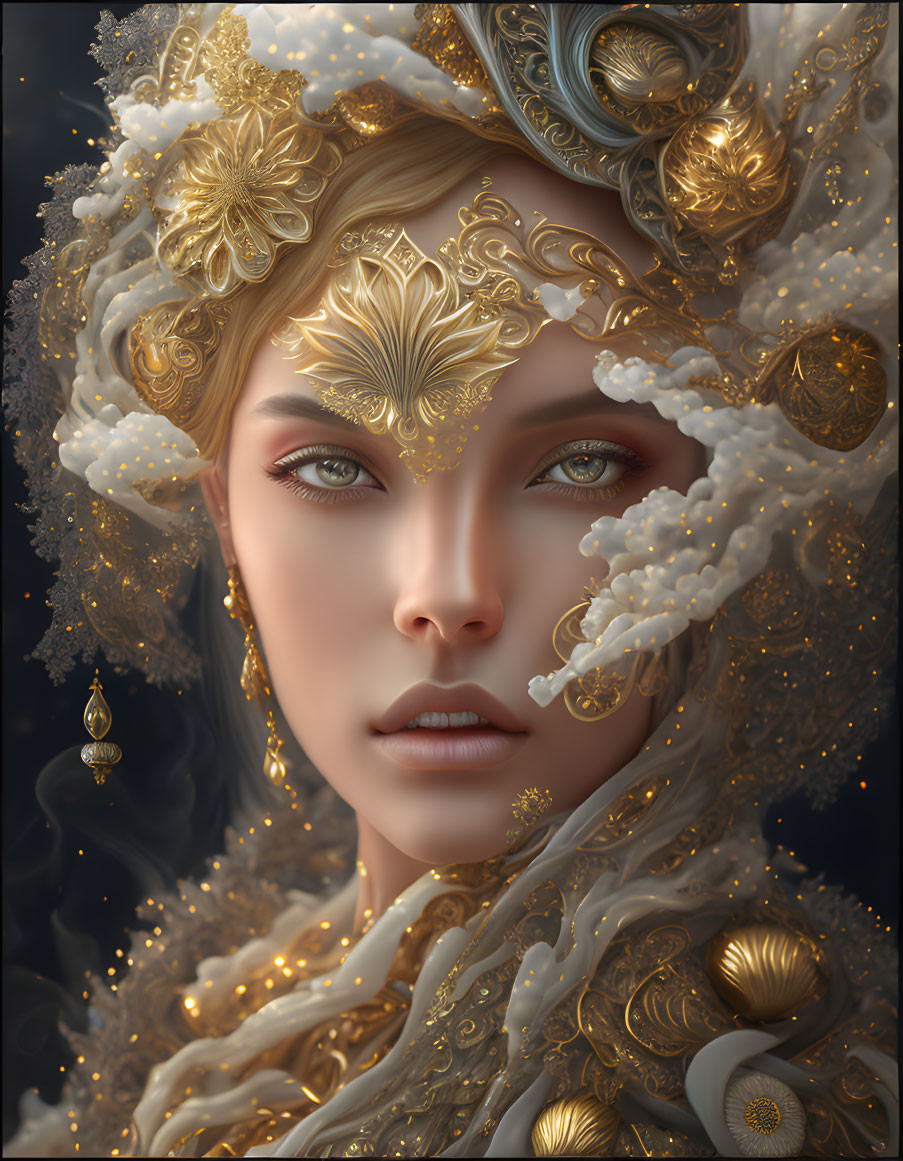 Golden ornate headdress and intricate jewelry on fantasy figure with serene gaze