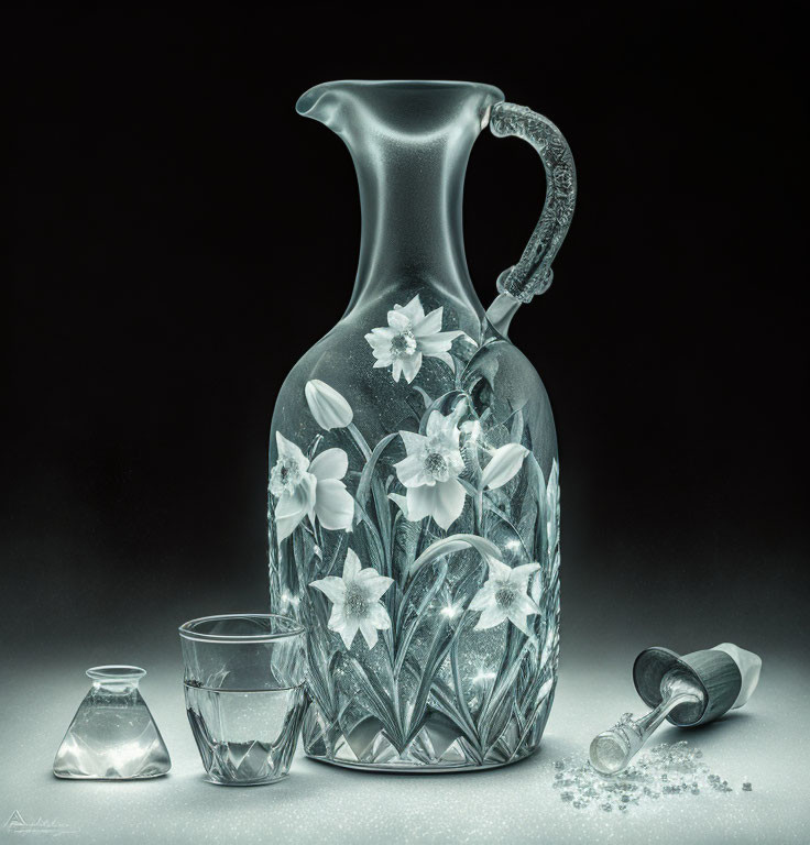 Elegant crystal pitcher with floral design, glass, bottle, and salt shaker on textured surface