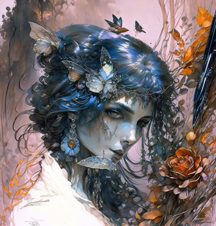 Mystical woman with blue skin and floral crown in whimsical setting