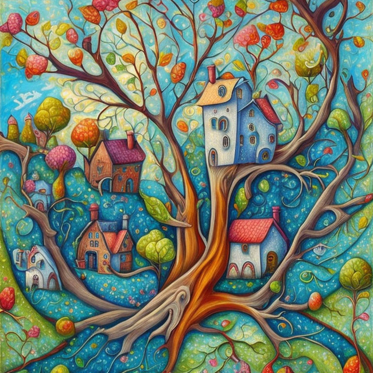 Colorful painting of intertwined trees with houses on branches