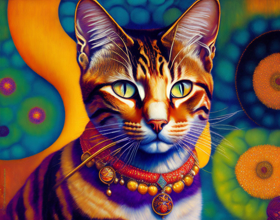 Colorful surreal painting: Cat with human-like eyes and necklace on vibrant background