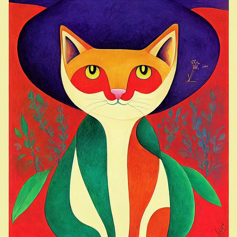 Colorful Whimsical Cat Illustration with Purple Hat and Floral Background