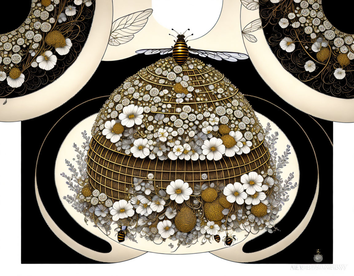 Detailed illustration of beehive, white flowers, and bees on black background