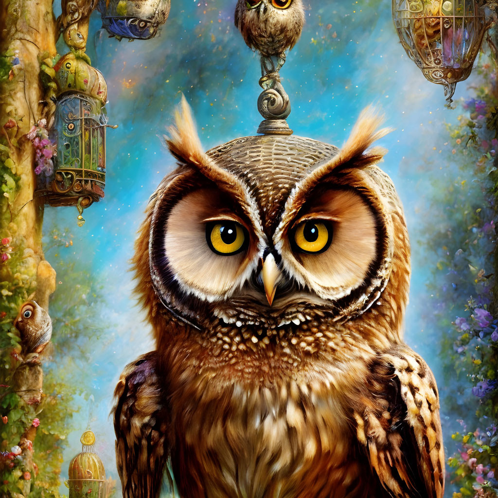 Detailed painting of owl with yellow eyes, lanterns, greenery, and squirrel