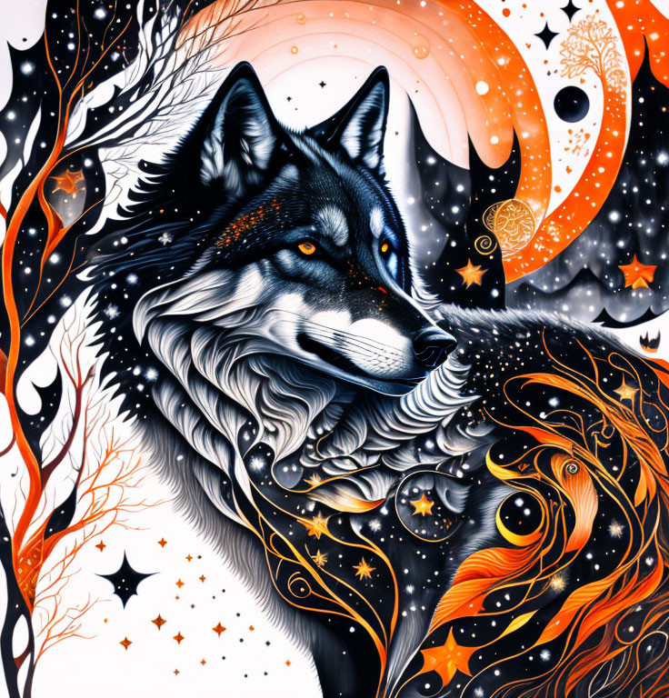 Colorful Wolf Illustration with Celestial Motifs in Orange, Black, and White