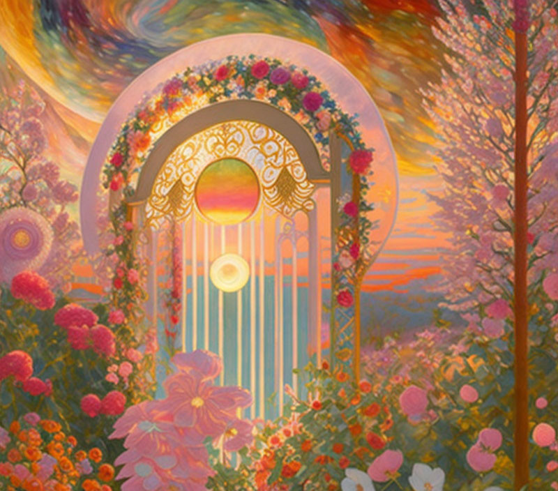 Whimsical garden gate painting with swirling skies and lush trees