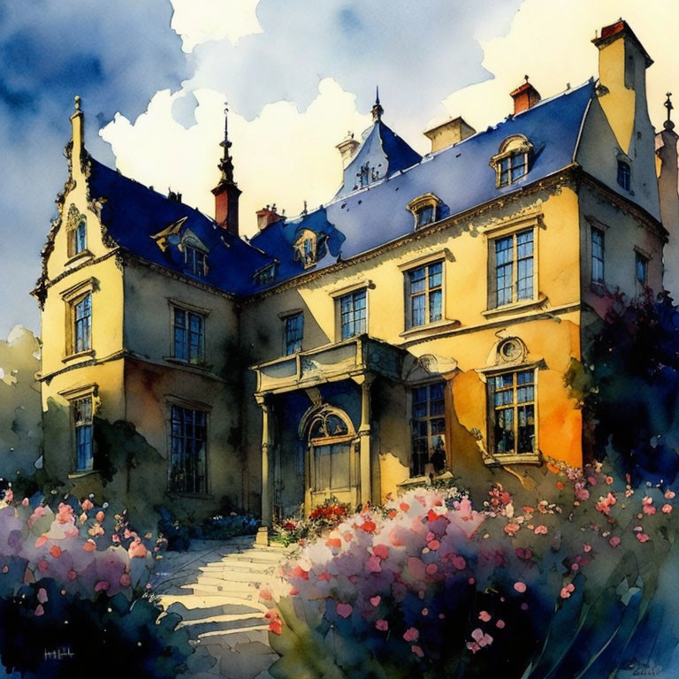 Stately house and vibrant garden watercolor painting