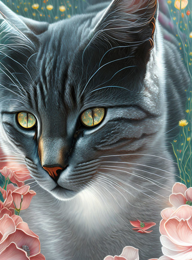 Detailed Grey Tabby Cat Illustration Among Pink Flowers and Dandelions