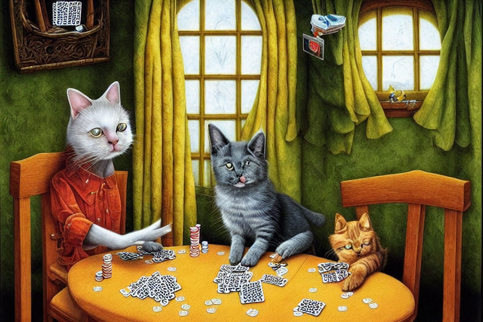 Anthropomorphic cats playing poker in a cozy room