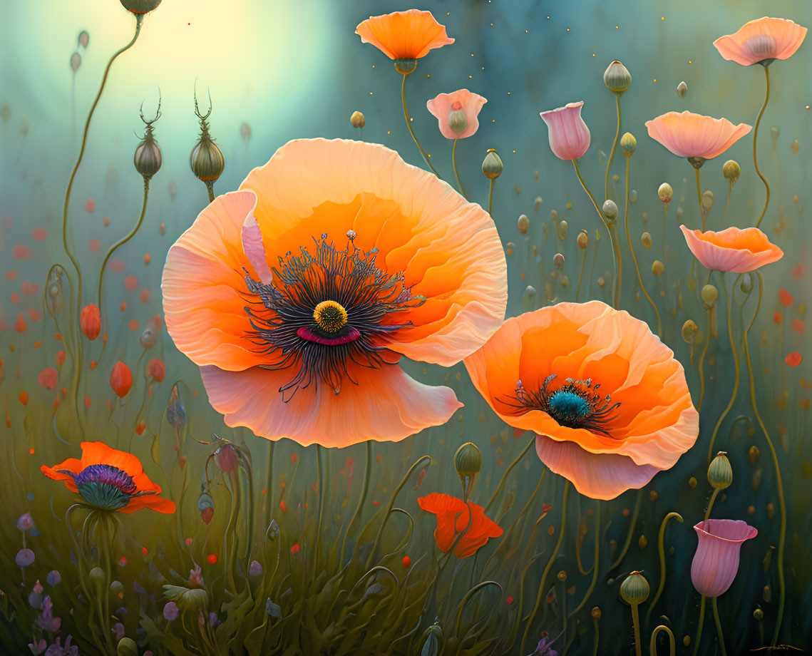 Detailed Orange Poppies Painting in Mystical Green Field