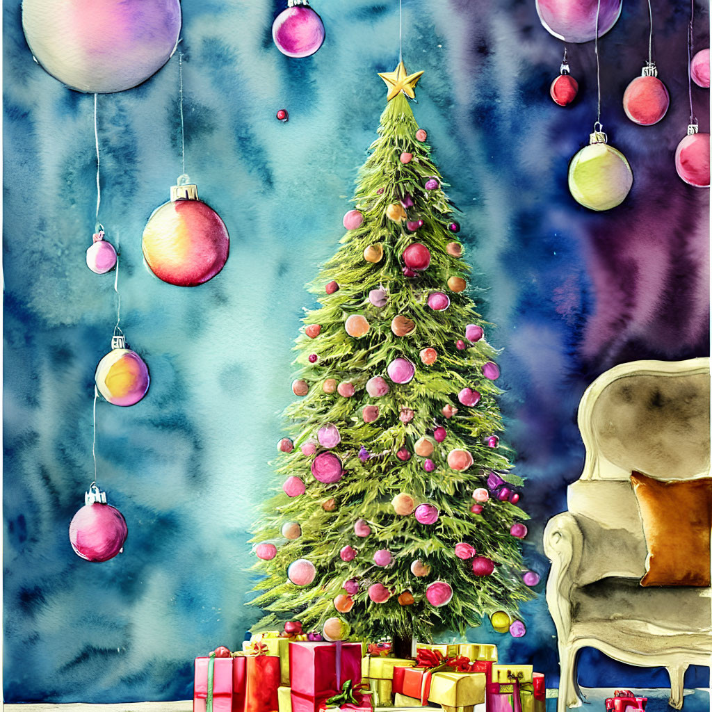 Vibrant Watercolor Painting of Festive Christmas Scene