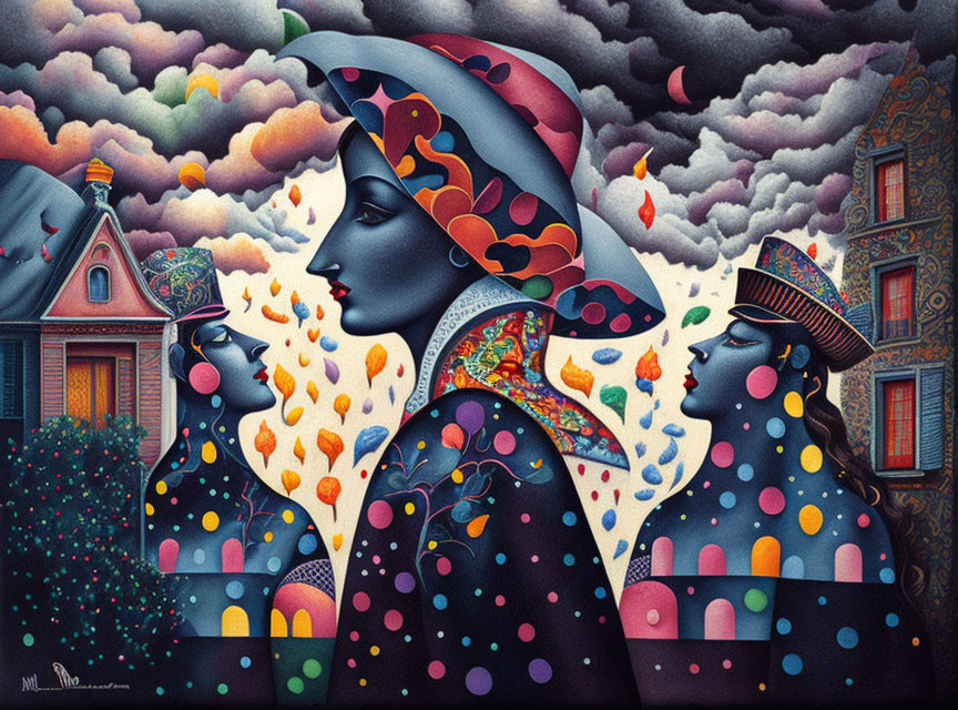 Vibrant surrealist artwork with three human profiles and blended architectural elements