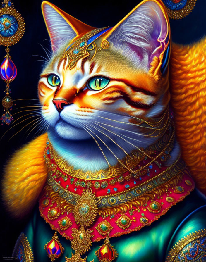 Regal cat in royal attire with golden jewelry on deep blue background