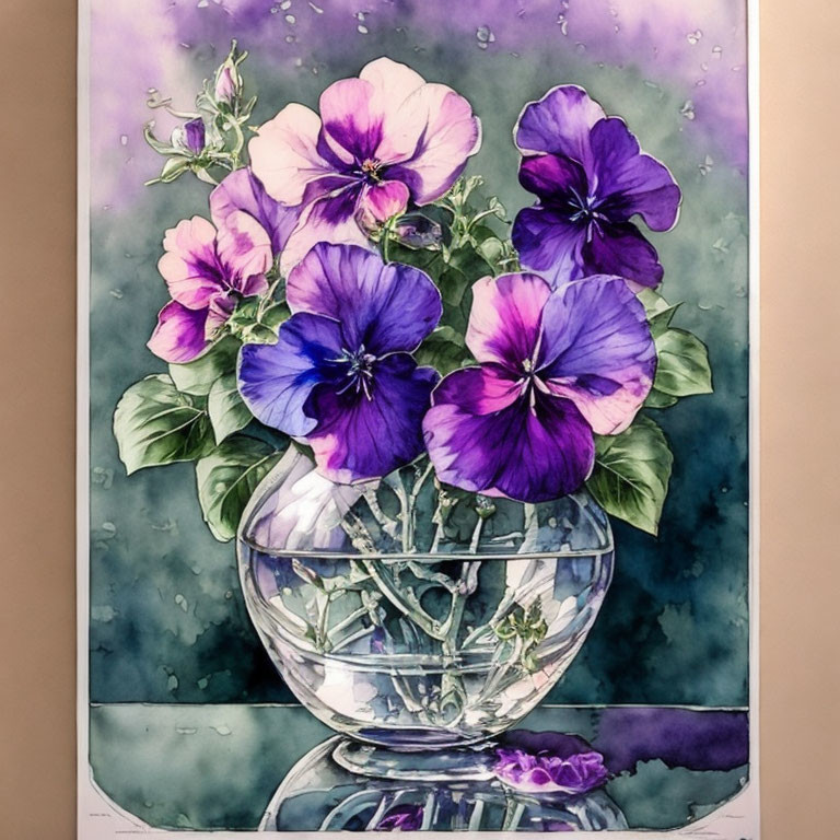 Vibrant Purple and Pink Pansies in Glass Bowl on Teal Background