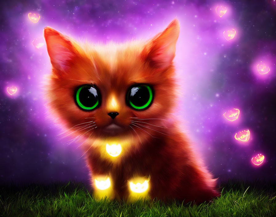 Orange Kitten with Glowing Green Eyes and Hearts on Purple Starry Background