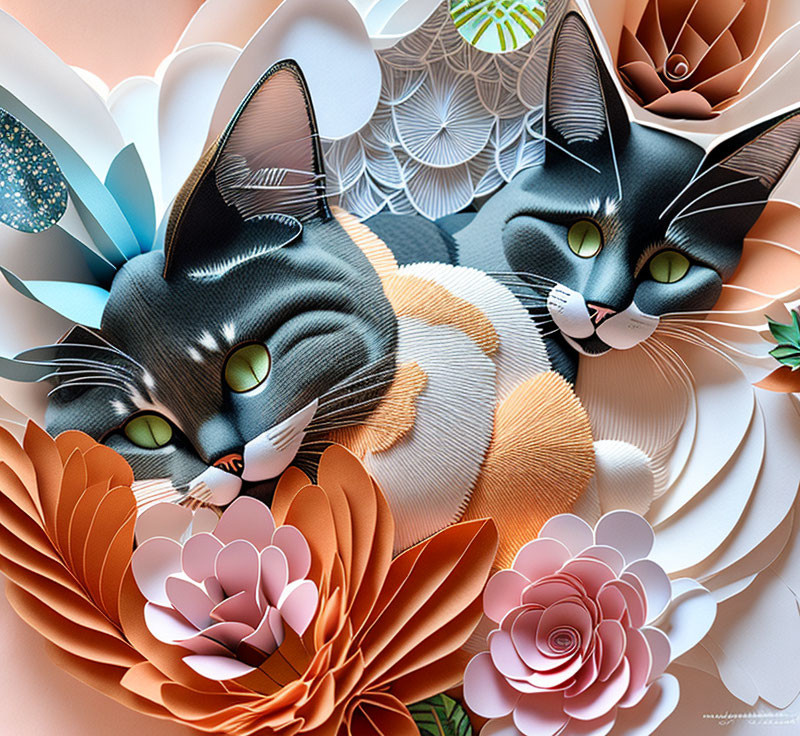 Vibrant paper flower scene with two cats in intricate patterns