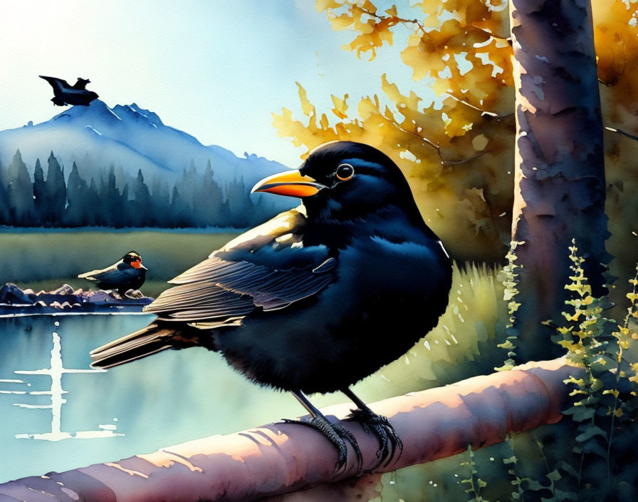 Colorful Watercolor Painting: Blackbird on Branch with Autumn Landscape