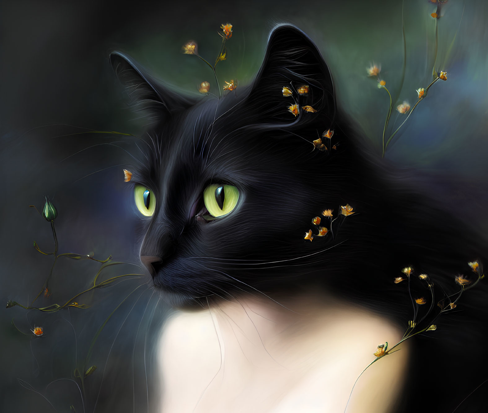 Digital painting of black cat with green eyes and orange flowers on blurred background