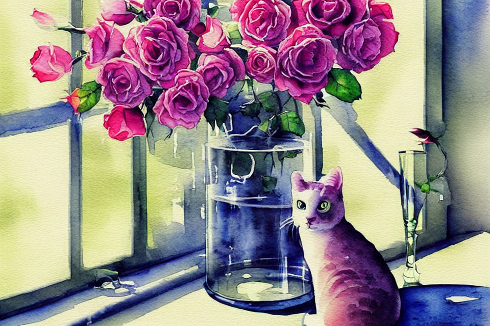 Cat and pink roses watercolor painting with window light and blue shadows