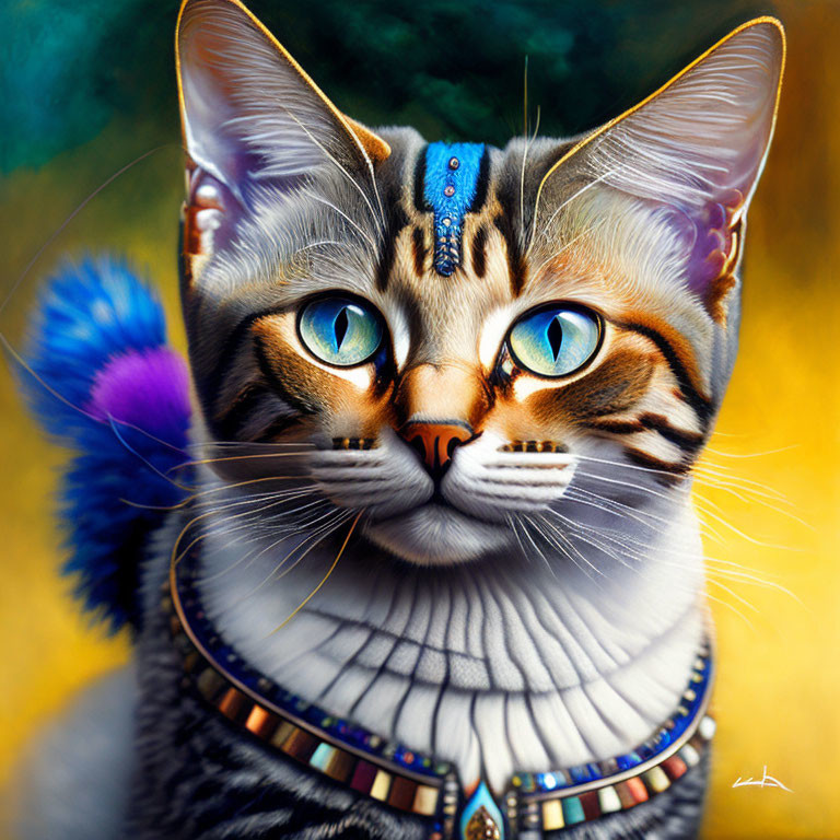 Detailed digital painting of a cat with blue eyes and Egyptian-style jewelry.