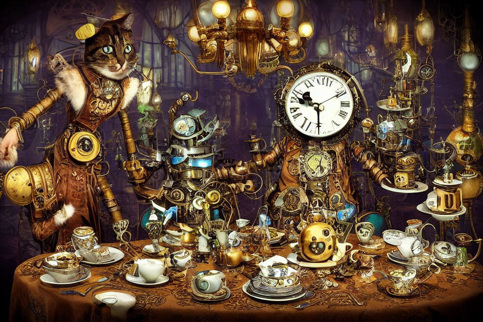 Steampunk-themed anthropomorphic cat with mechanical devices and teacups.