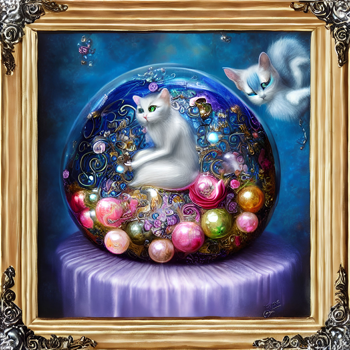 Fantasy painting of two white cats with ornate orb, gold frame, blue backdrop