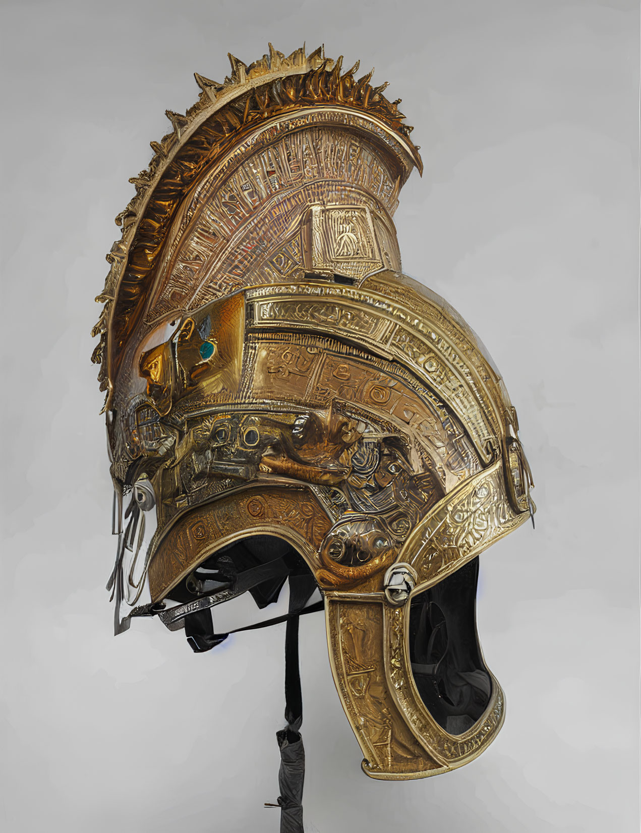 Golden ceremonial helmet with intricate relief patterns and spike crest on white background