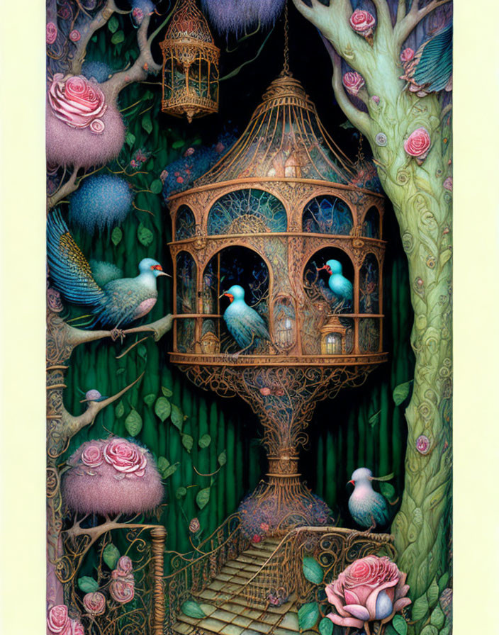 Whimsical illustration of white doves in ornate birdcage amidst roses and vines