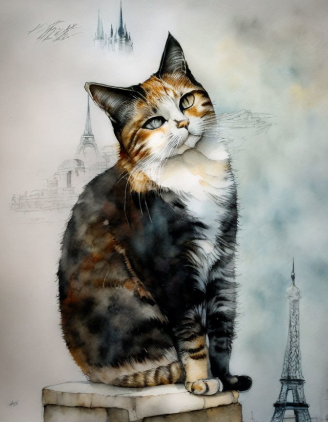 Calico Cat Watercolor Painting with European Landmark Backdrop