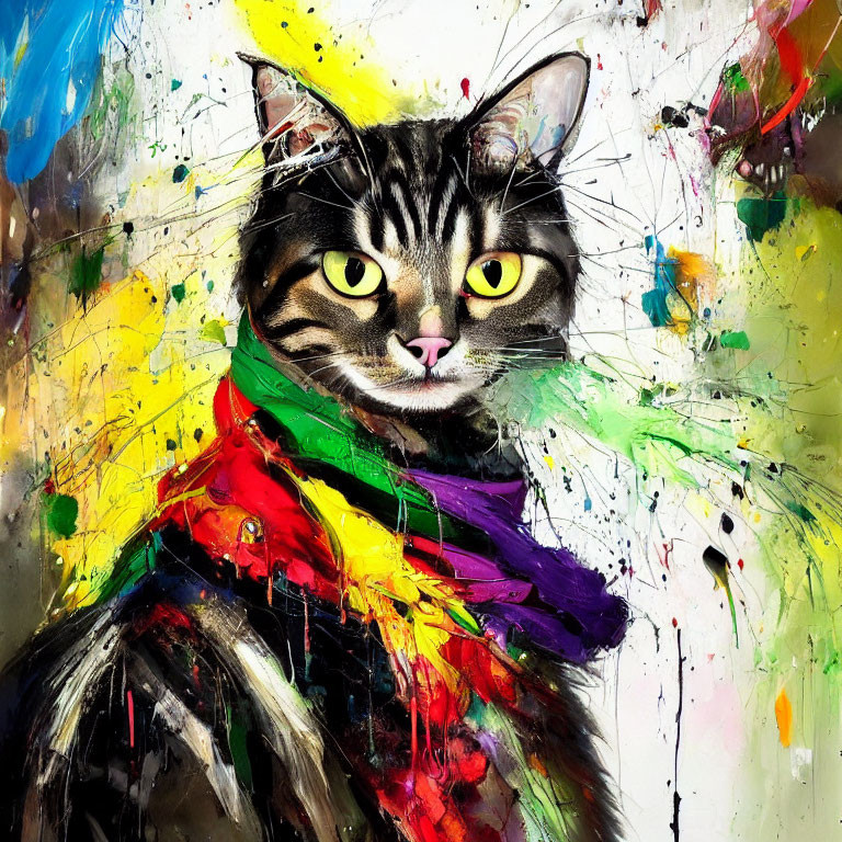 Vibrant cat painting with yellow eyes on colorful background