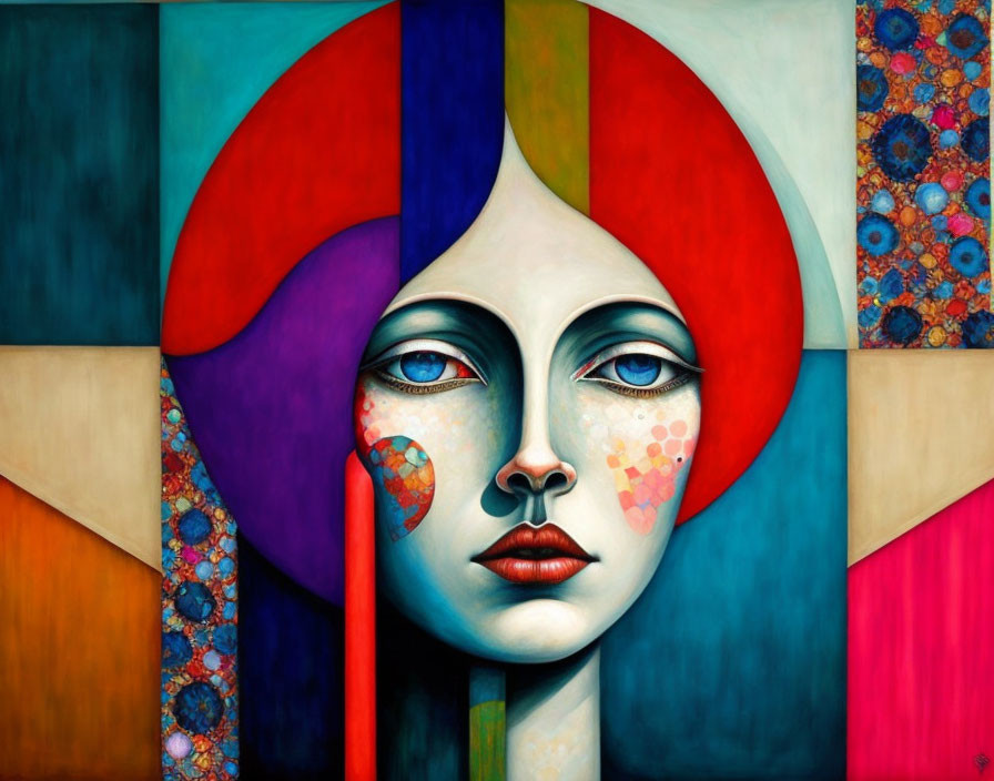 Vibrant surrealist portrait of a woman with geometric and floral patterns