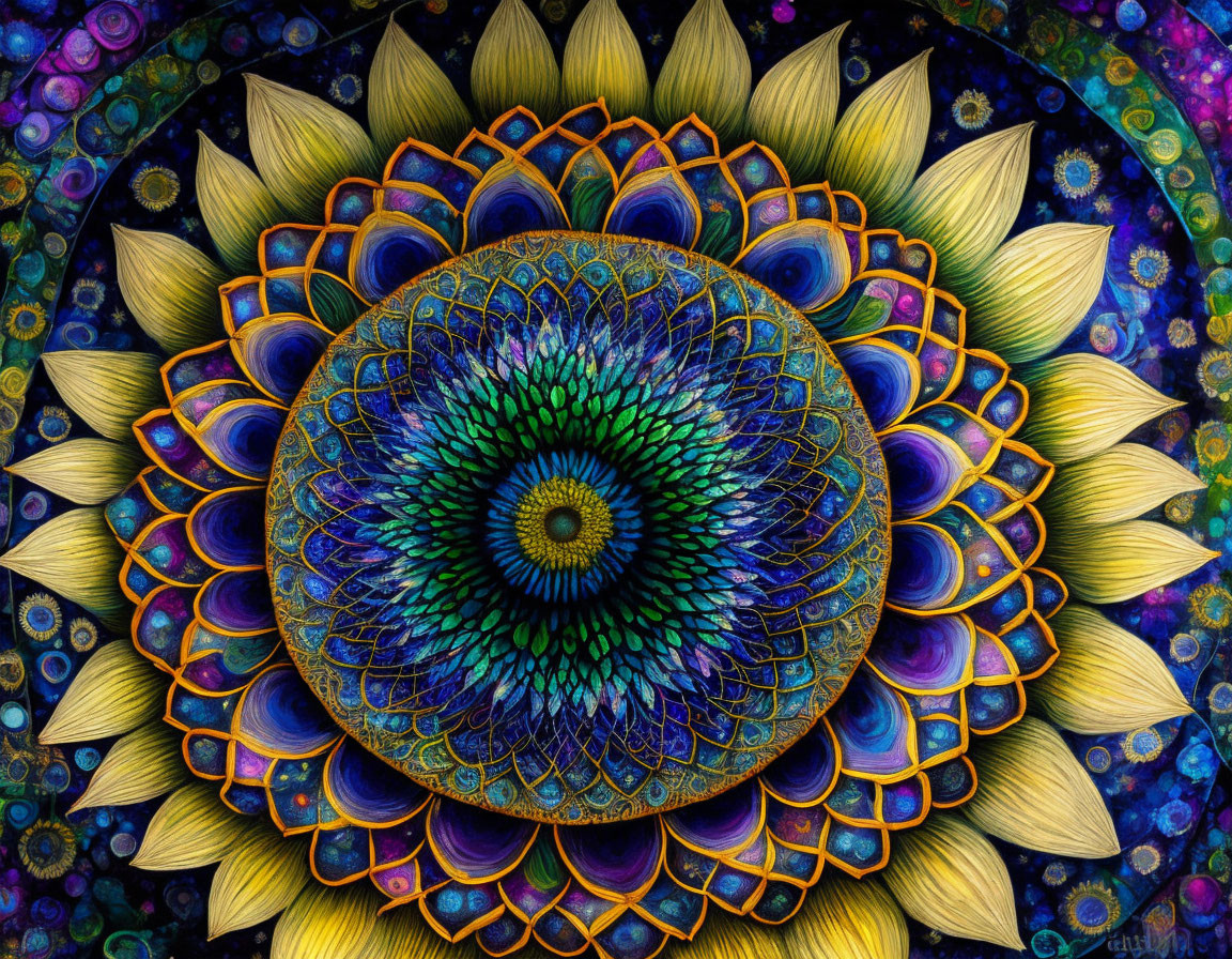 Colorful Mandala with Peacock Feather Center and Lotus Petals