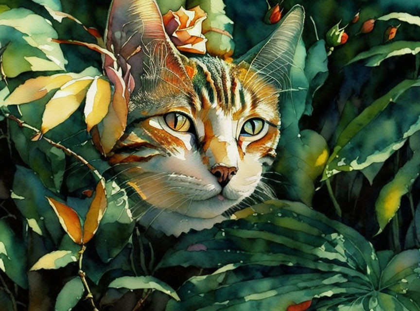 Vibrant cat illustration with orange and white patterns in lush greenery