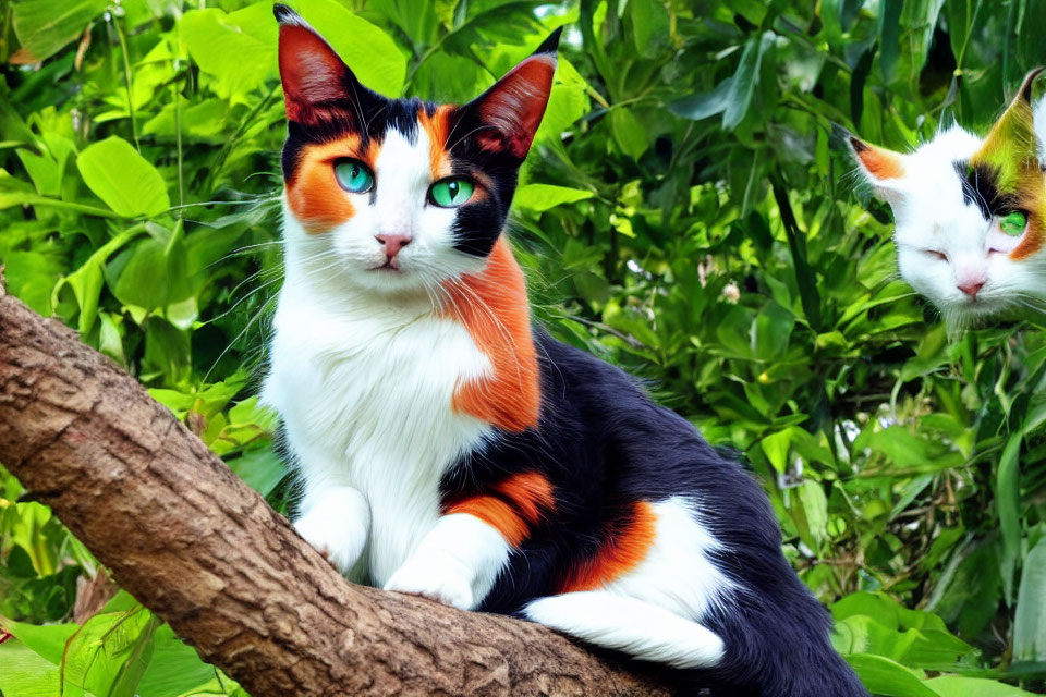 Tricolor cats on tree branch with vibrant green foliage.