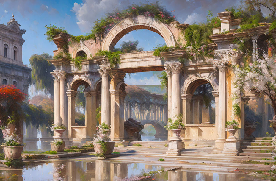 Classical arches and columns overgrown with plants, reflected in water under serene sky