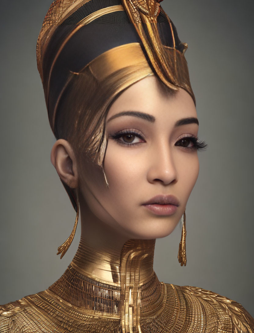 Woman portrait with golden headgear, ornate neckpiece, and serene expression