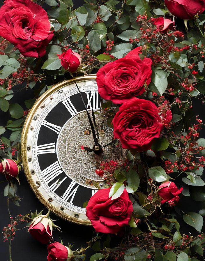 Vintage Clock with Roman Numerals Surrounded by Red Roses and Green Leaves