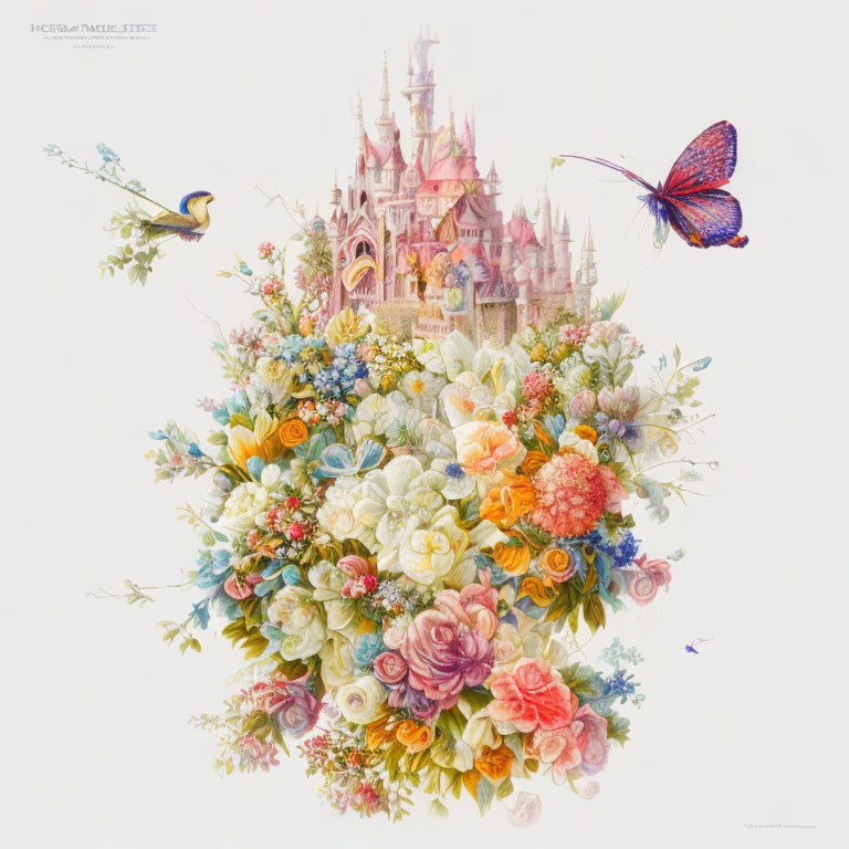 Colorful flowers and whimsical castle with butterfly and bird in flight