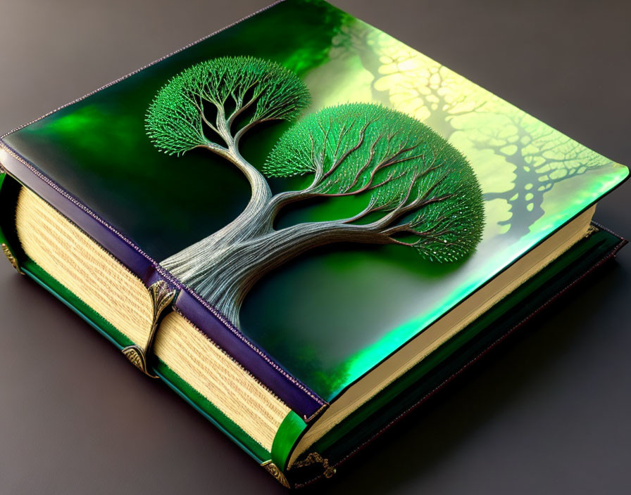 Ornate book with 3D metallic tree design on green and black cover