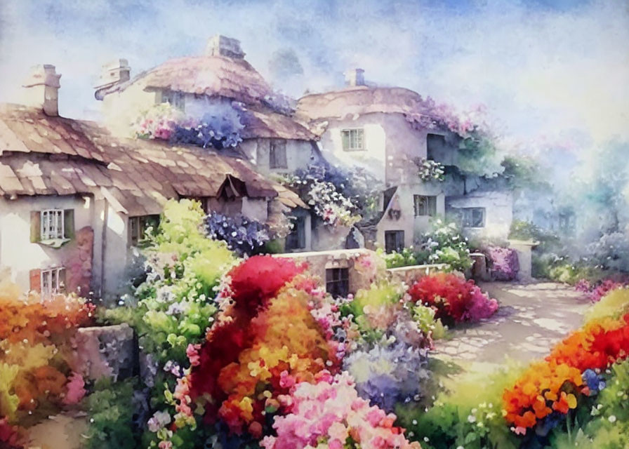 Vibrant watercolor painting of a quaint village scene