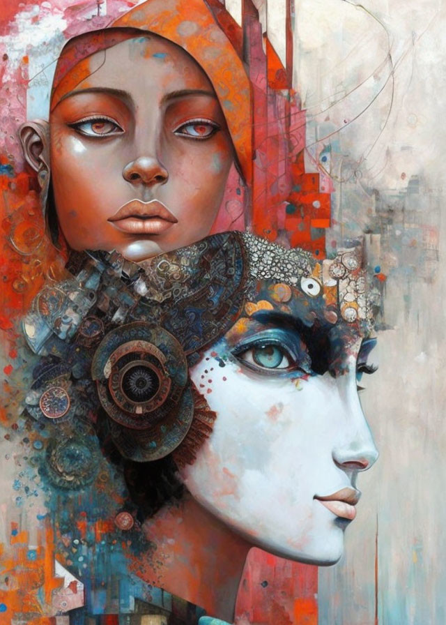 Surrealist painting featuring two women's faces with unique adornments