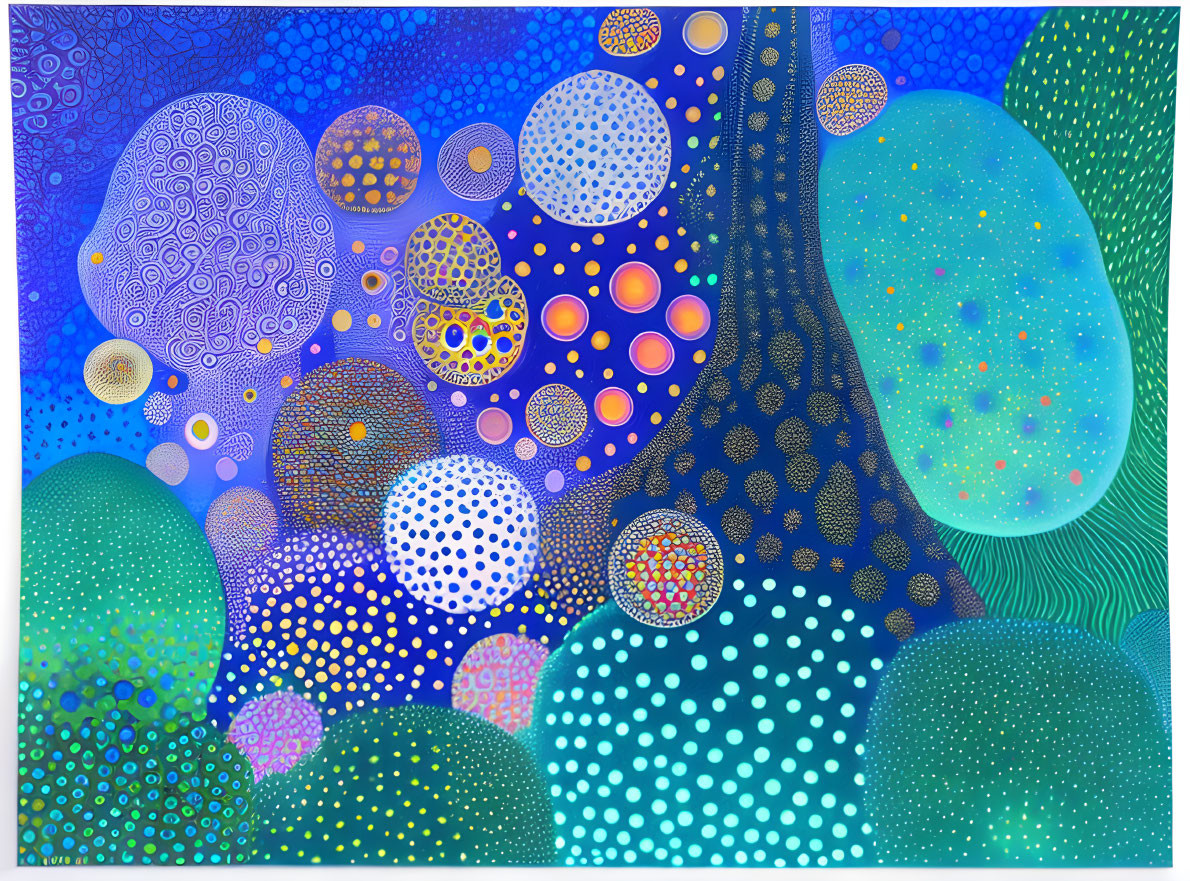 Abstract painting with circles and dots in vibrant blues, yellows, and oranges