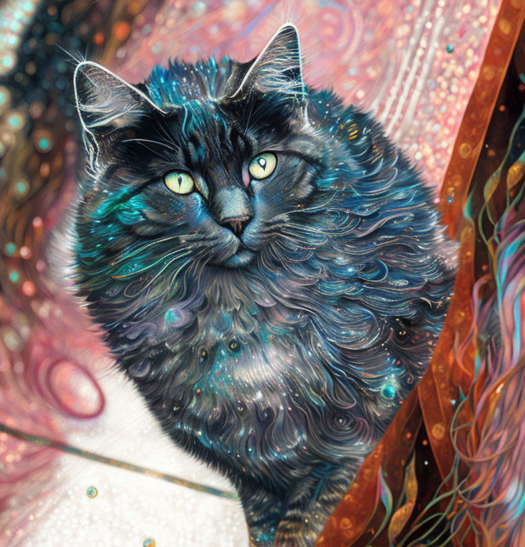 Colorful Cat Illustration with Celestial Fur Pattern on Cosmic Background