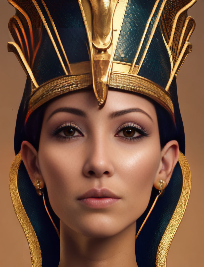 Digital artwork: Woman as Egyptian pharaoh with gold and lapis lazuli headdress on tan background