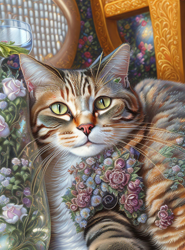 Detailed illustration of a regal cat with green eyes among flowers and elegant decor.