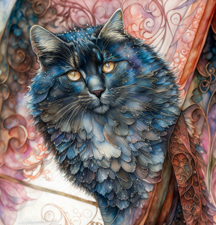 Celestial cat with blue fur and golden eyes in ornate backdrop